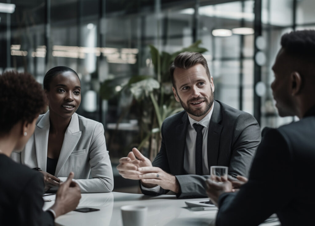 three business people sitting at a table talking to each other