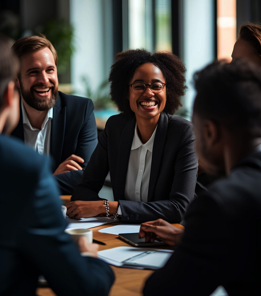 three smiling business people sitting at a table in an office