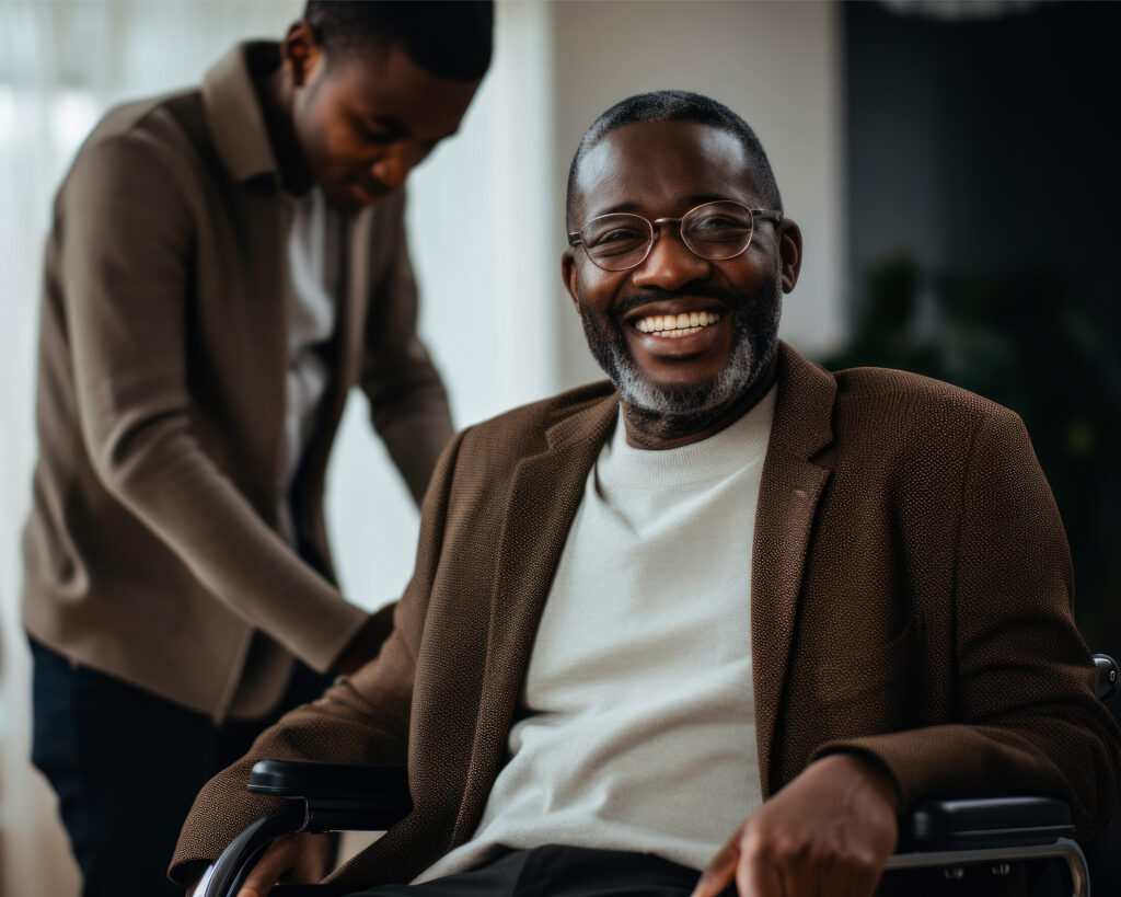 a person sitting in a wheelchair with another person helping them